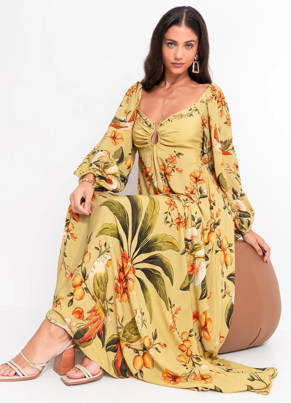 Farm - Vestido Longo Manga Bosque Chic Verde 4