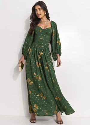 Farm - Vestido Longo Manga Brilho de Banana Verde - FARM