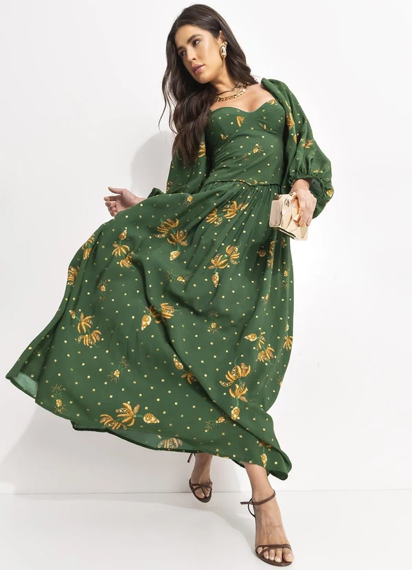 Farm - Vestido Longo Manga Brilho de Banana Verde 3