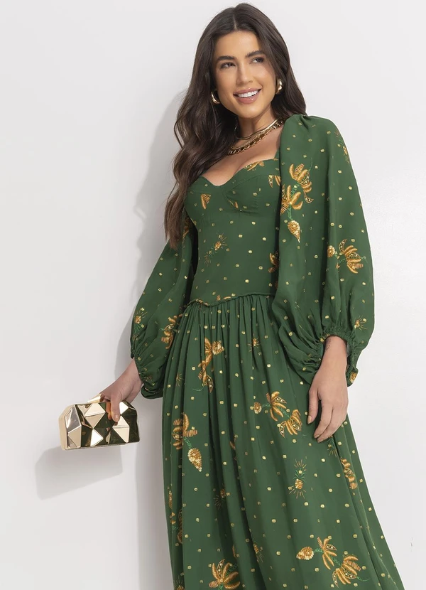 Farm - Vestido Longo Manga Brilho de Banana Verde 5