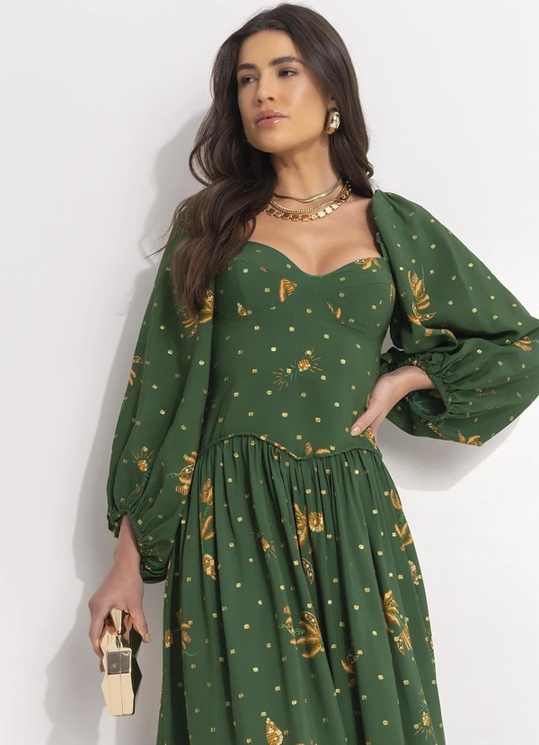 Farm - Vestido Longo Manga Brilho de Banana Verde 7