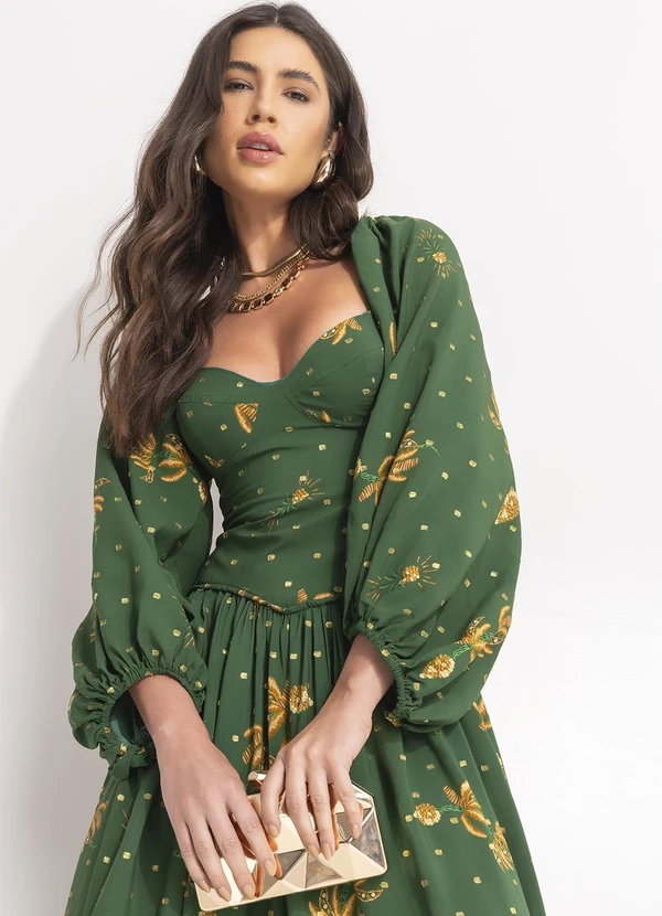 Farm - Vestido Longo Manga Brilho de Banana Verde 8