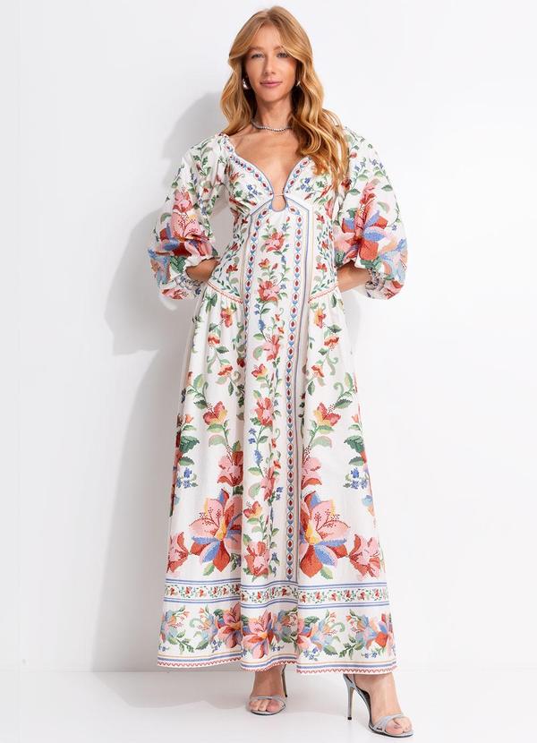 Farm - Vestido Longo Manga Brisa Serena Bege