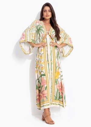 Farm - Vestido Longo Manga Capri Bege - FARM