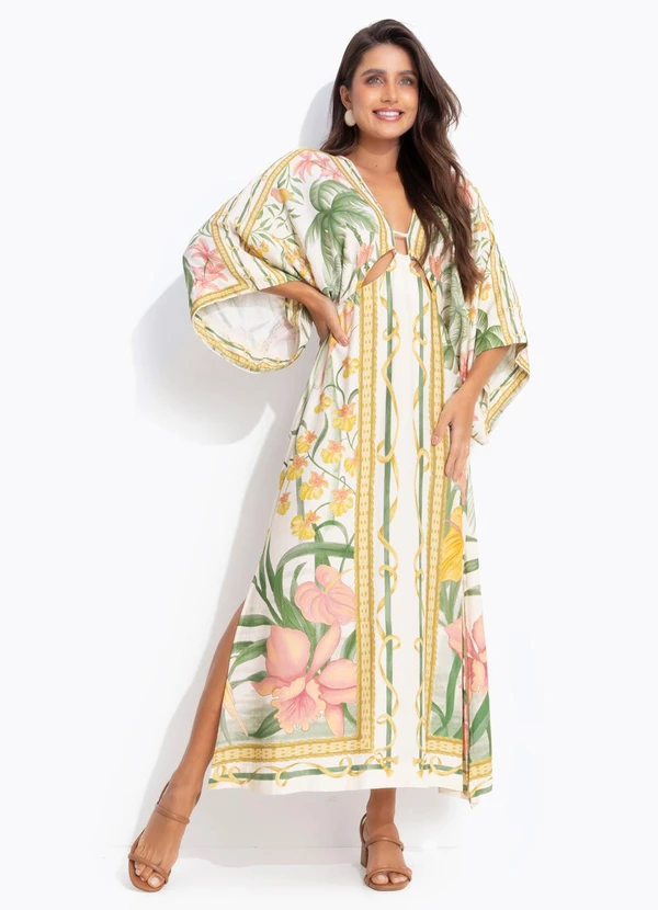 Farm - Vestido Longo Manga Capri Bege 3