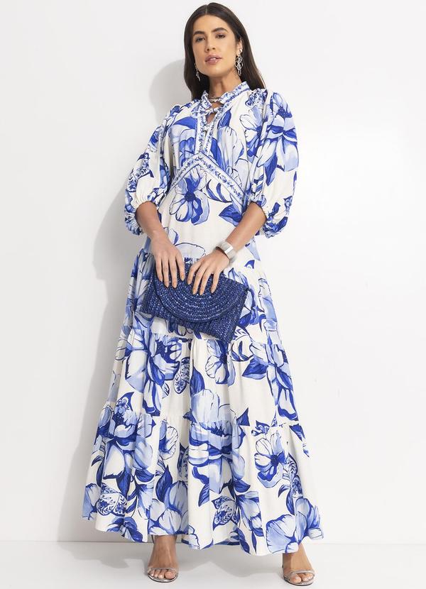 Farm Vestido Longo Manga Chita Porcelana Off White