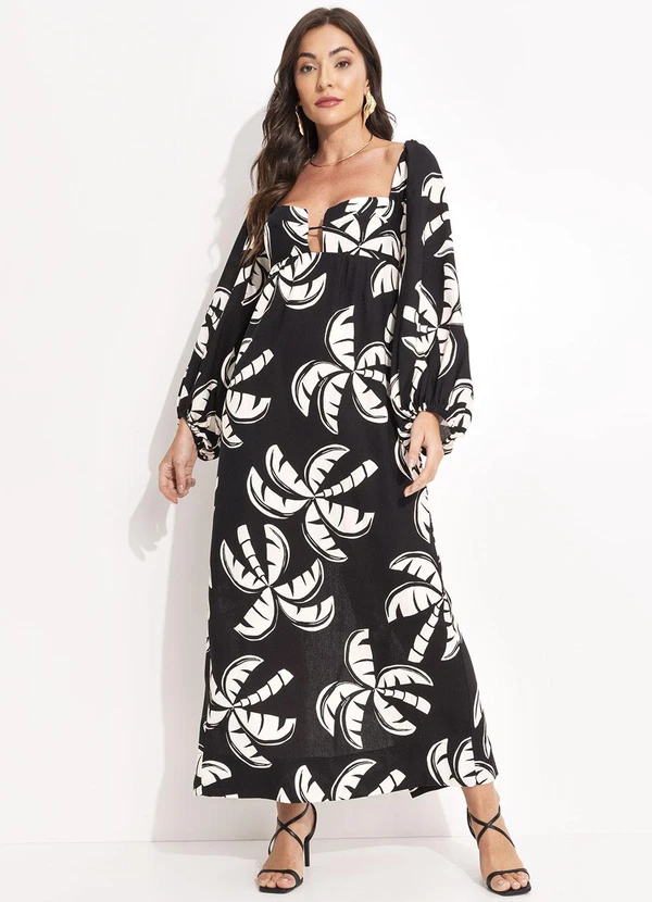 Farm Vestido Longo Manga Coqueirada Preto