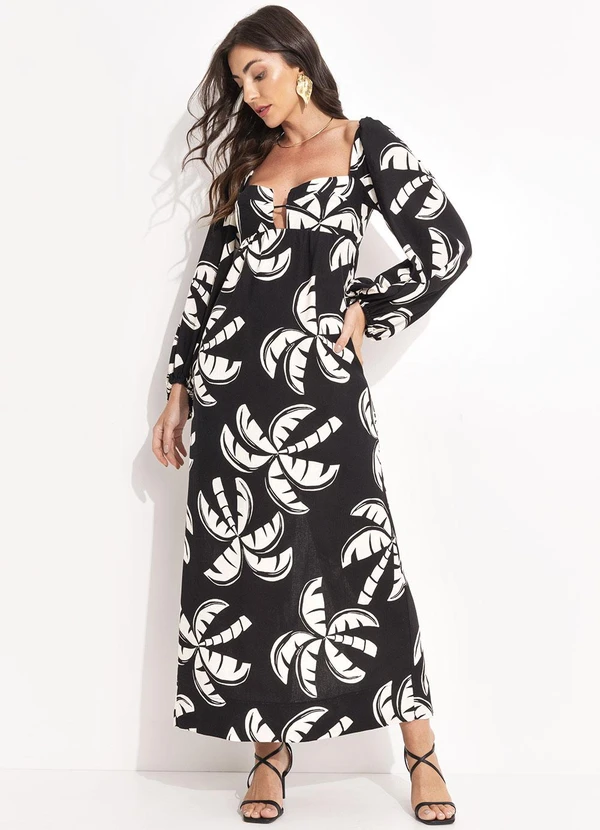 Farm - Vestido Longo Manga Coqueirada Preto 3