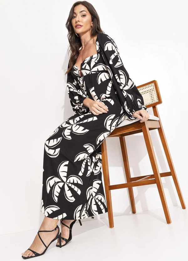 Farm - Vestido Longo Manga Coqueirada Preto 4