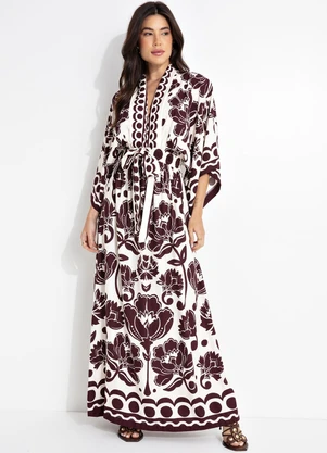 Farm - Vestido Longo Manga Floral Arabesque Marrom - FARM