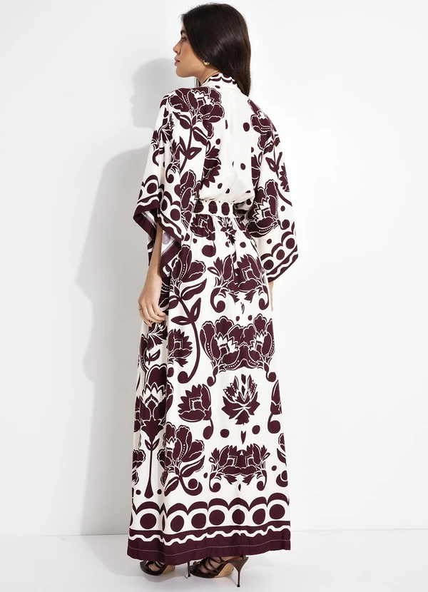 Farm - Vestido Longo Manga Floral Arabesque Marrom 2