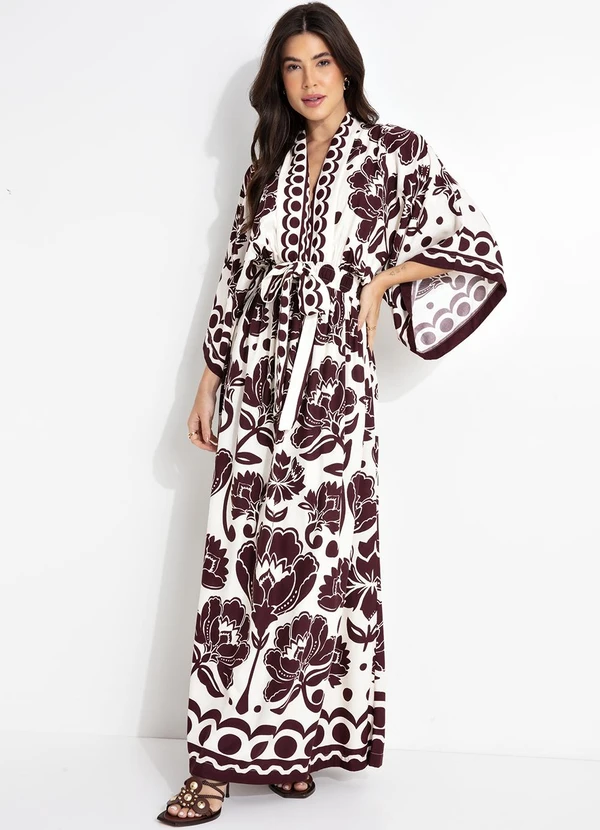 Farm - Vestido Longo Manga Floral Arabesque Marrom 3