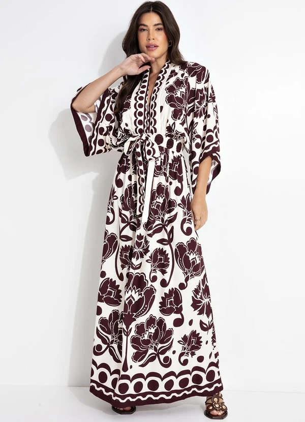 Farm - Vestido Longo Manga Floral Arabesque Marrom 4