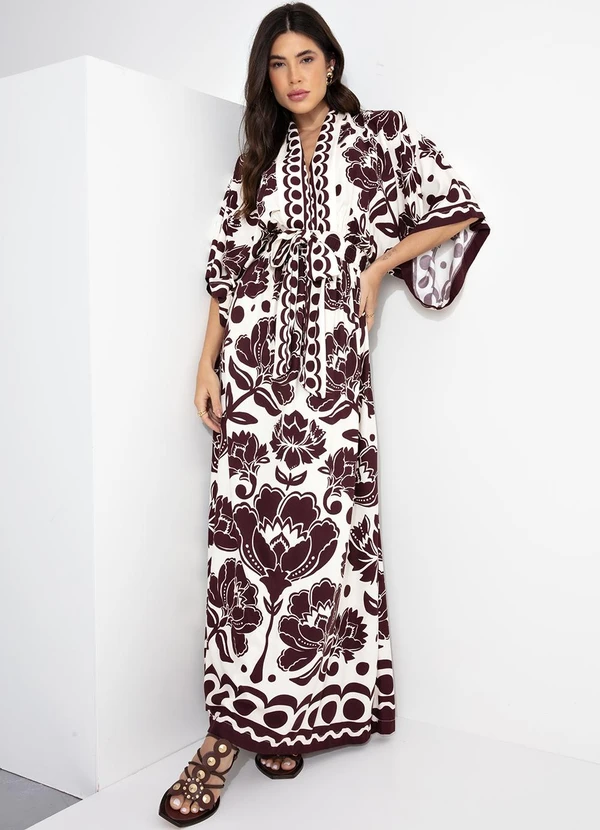 Farm - Vestido Longo Manga Floral Arabesque Marrom 6