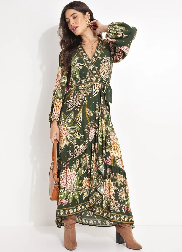 Farm - Vestido Longo Manga Floral Delhi Verde 3