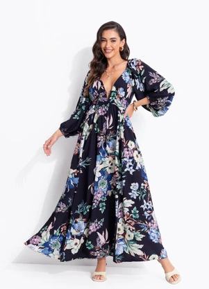 Farm - Vestido Longo Manga Floral Leni Preto - FARM