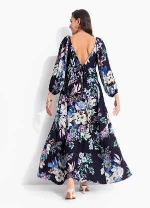 Farm - Vestido Longo Manga Floral Leni Preto - FARM