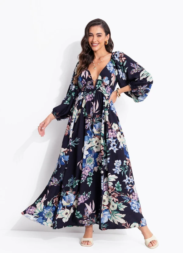Farm - Vestido Longo Manga Floral Leni Preto