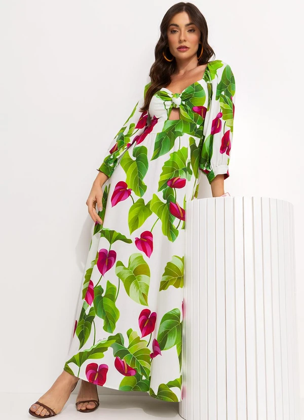 Farm - Vestido Longo Manga Folha de Antúrio Verde