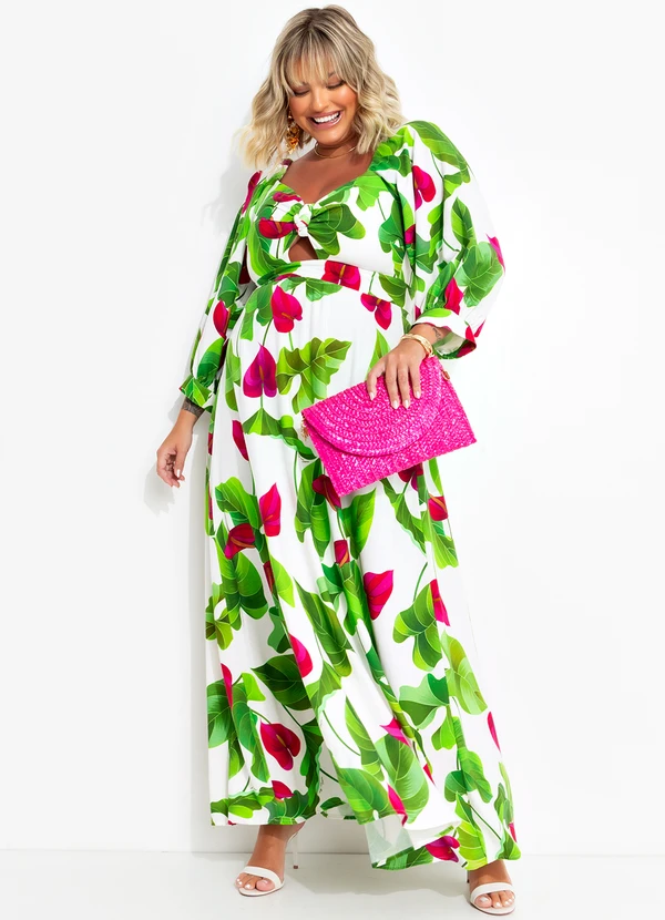 Farm - Vestido Longo Manga Folha de Antúrio Verde 12