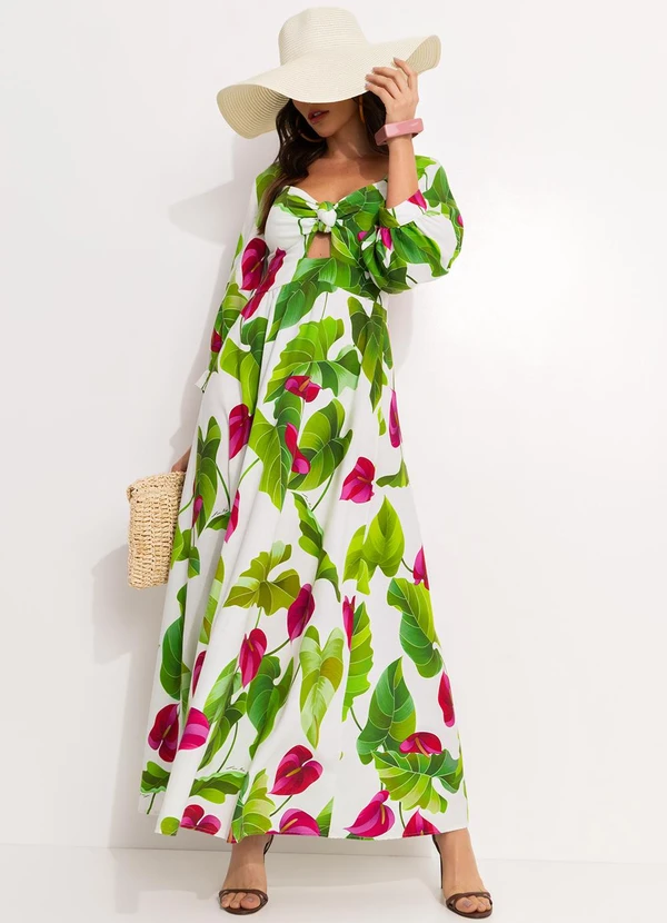 Farm - Vestido Longo Manga Folha de Antúrio Verde 3