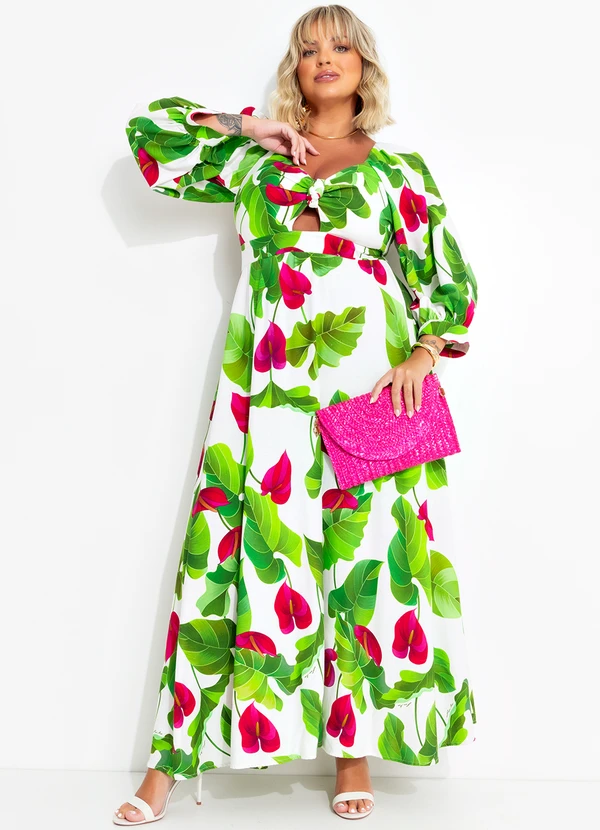 Farm - Vestido Longo Manga Folha de Antúrio Verde 10