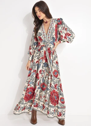 Farm - Vestido Longo Manga Francisca Bege - FARM