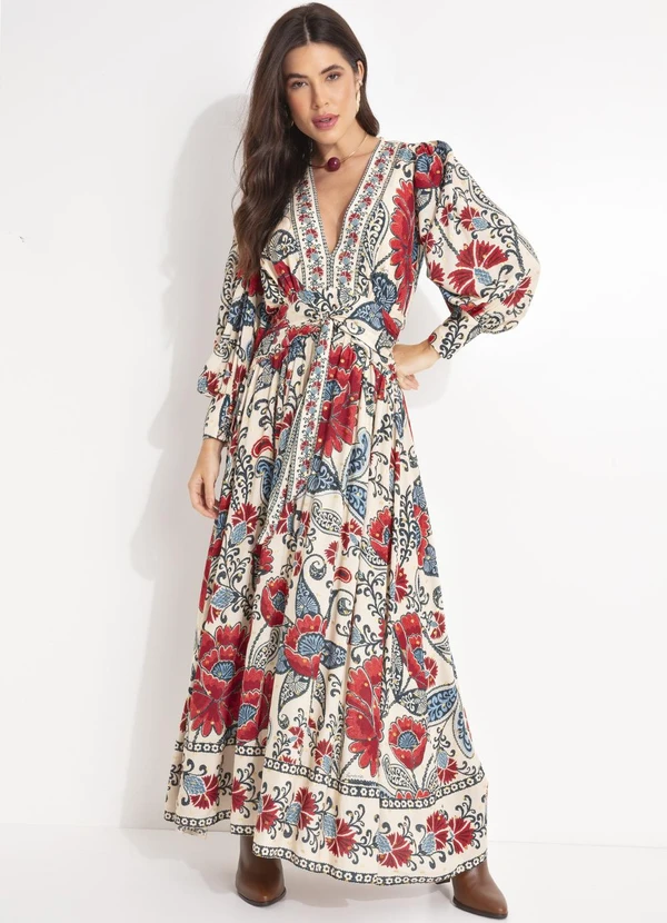 Farm - Vestido Longo Manga Francisca Bege 4