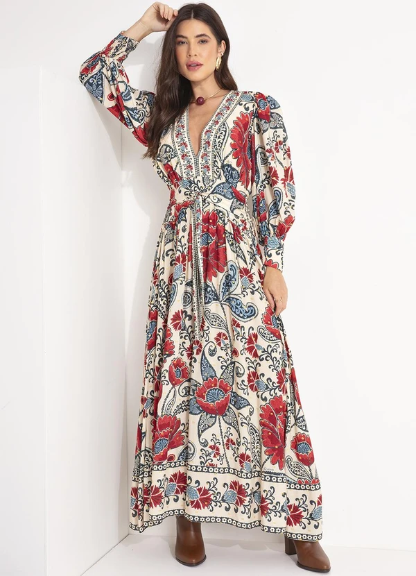 Farm - Vestido Longo Manga Francisca Bege 6