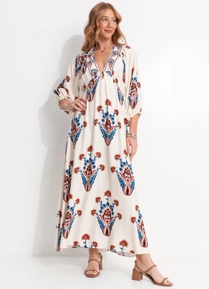 Farm - Vestido Longo Manga Indra Bege - FARM