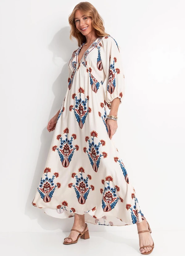 Farm - Vestido Longo Manga Indra Bege 3