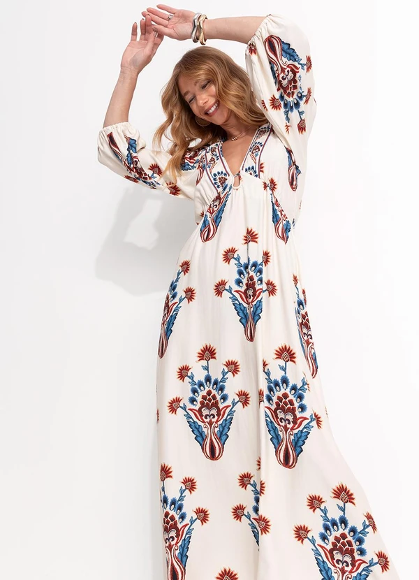 Farm - Vestido Longo Manga Indra Bege 7