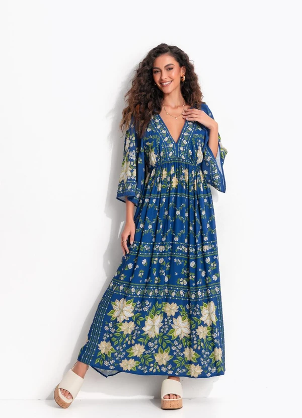Farm - Vestido Longo Manga Jardim de Azaleias Azul