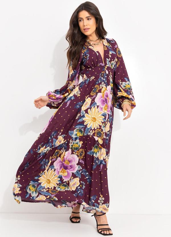 Farm - Vestido Longo Manga Jardim Delicado Roxo