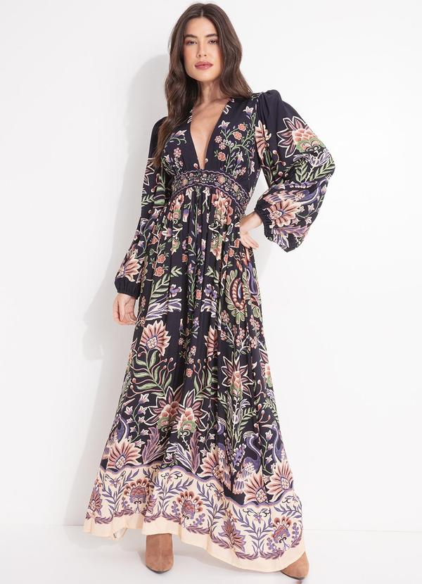 Farm - Vestido Longo Manga Jardim Maravilhoso Preto