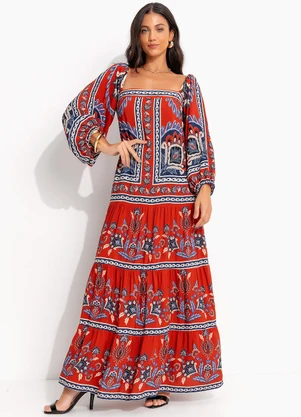 Farm - Vestido Longo Manga Lenço Nautico Vermelho - FARM