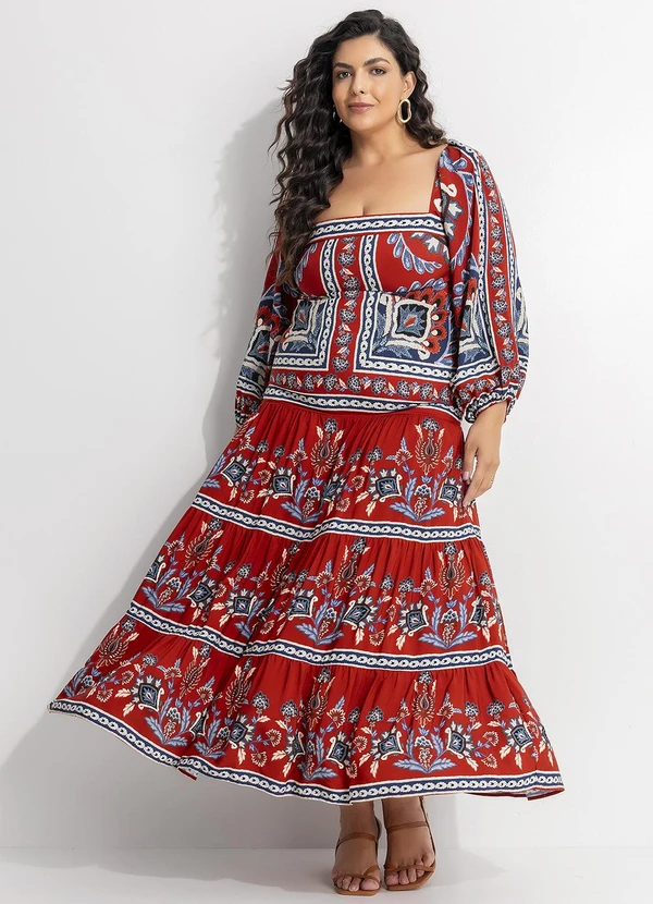 Farm - Vestido Longo Manga Lenço Nautico Vermelho 10