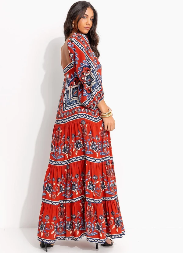 Farm - Vestido Longo Manga Lenço Nautico Vermelho 2