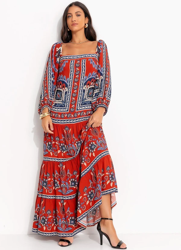 Farm - Vestido Longo Manga Lenço Nautico Vermelho 4