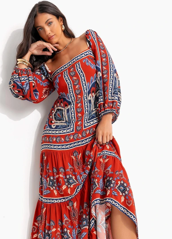 Farm - Vestido Longo Manga Lenço Nautico Vermelho 6