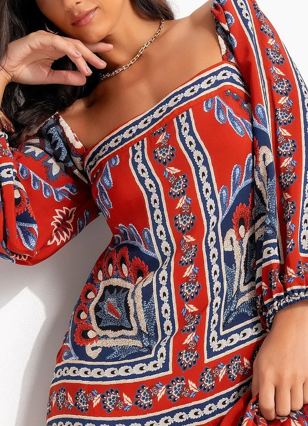 Farm - Vestido Longo Manga Lenço Nautico Vermelho 7