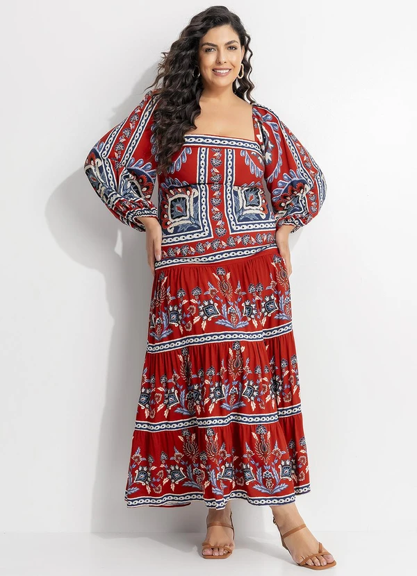 Farm - Vestido Longo Manga Lenço Nautico Vermelho 8