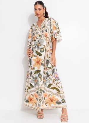 Farm - Vestido Longo Manga Marcelle Bege - FARM