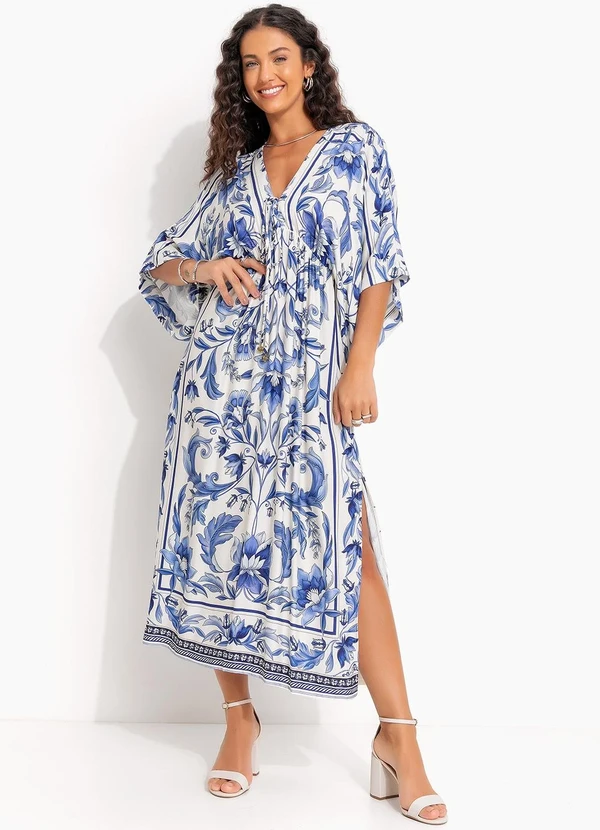 Farm - Vestido Longo Manga Natalia Azul