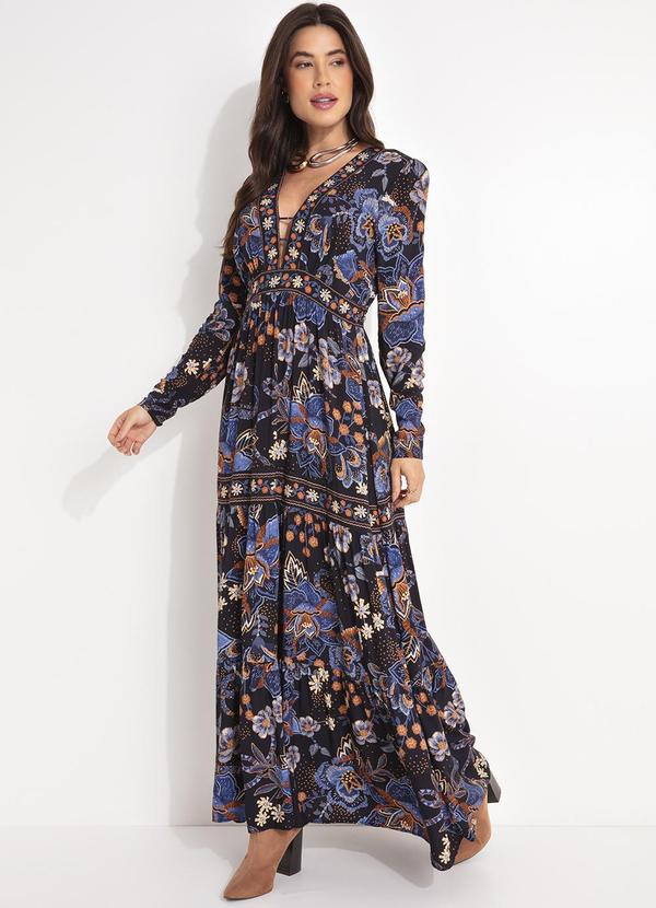 Farm - Vestido Longo Manga Noite Florida Azul 3