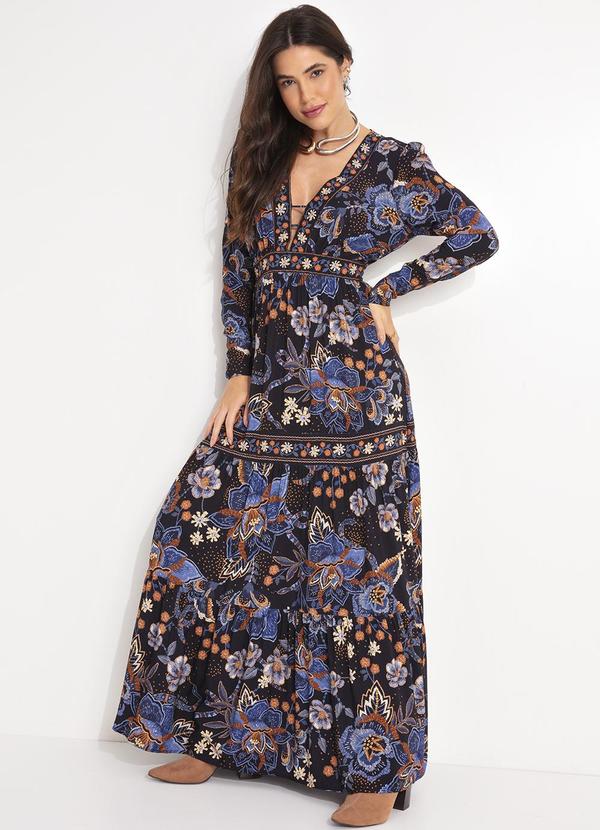 Farm - Vestido Longo Manga Noite Florida Azul 4