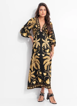 Farm - Vestido Longo Manga Ourinho Tropical Preto - FARM