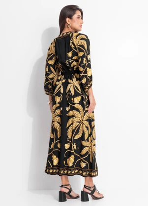 Farm - Vestido Longo Manga Ourinho Tropical Preto - FARM