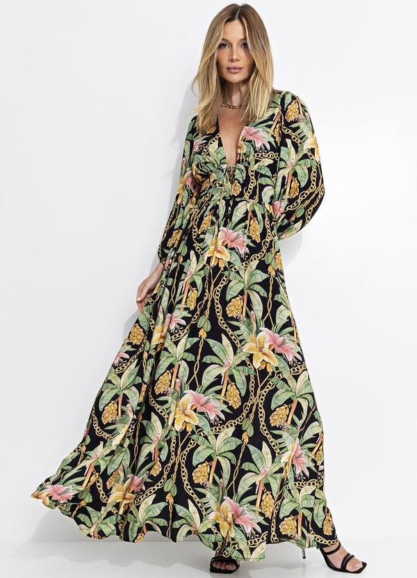Farm - Vestido Longo Manga Paraíso Tropical Preto