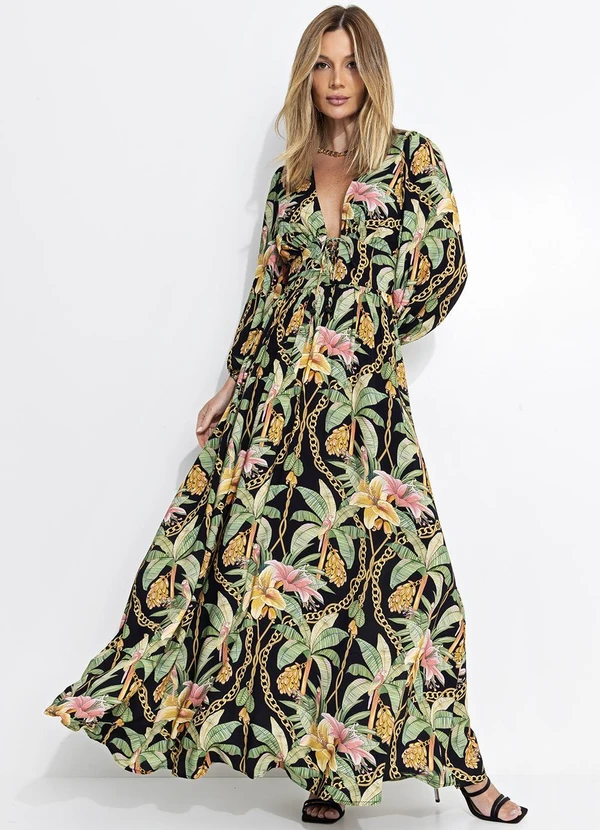 Farm Vestido Longo Manga Paraíso Tropical Preto